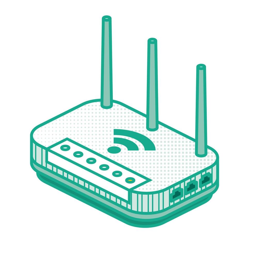 Isometrischer Netzwerkrouter. skizzieren Sie WLAN-WLAN-Router mit Antennen, die auf Weiß isoliert sind. vektor