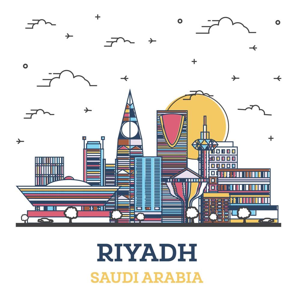 skizzieren sie die skyline von riad saudi-arabien mit modernen farbigen gebäuden, die auf weiß isoliert sind. vektor