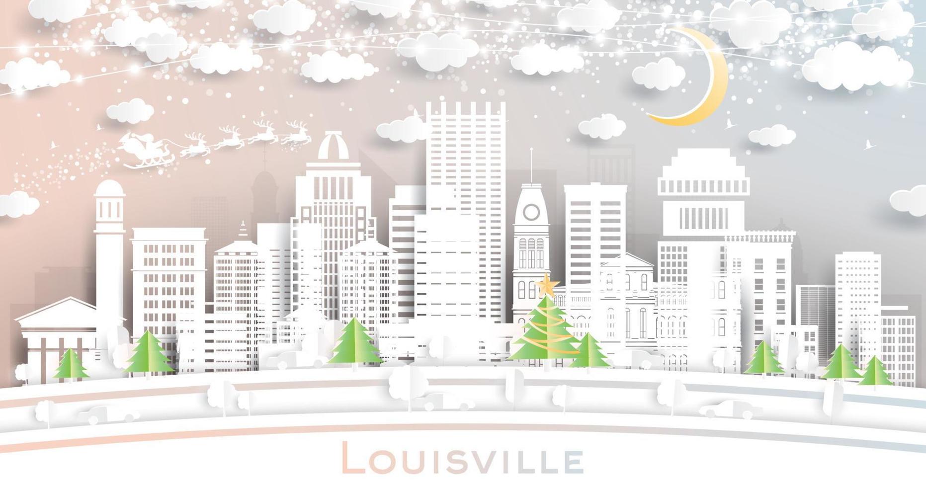 louisville kentucky usa stadtskyline im papierschnittstil mit schneeflocken, mond und neongirlande. vektor