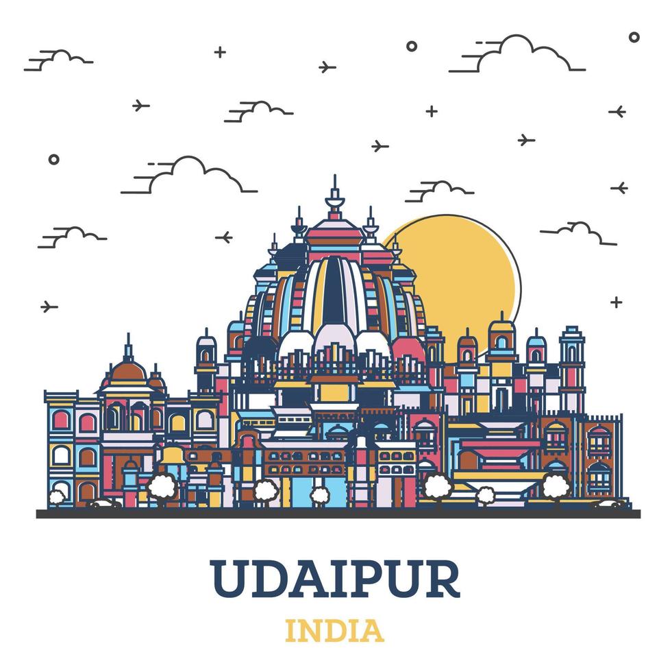 översikt udaipur Indien stad horisont med färgad historisk byggnader isolerat på vit. vektor