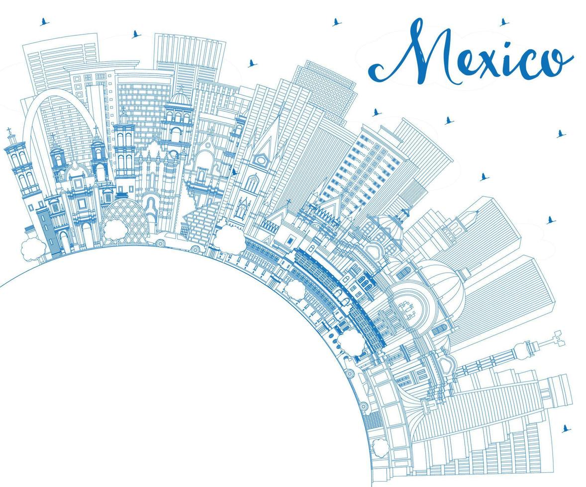 skizzieren sie die skyline der mexikanischen landstadt mit blauen gebäuden und kopierraum. vektor