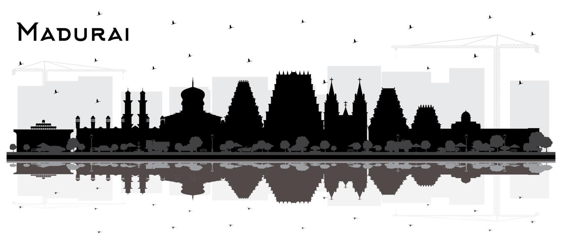 madurai indien city skyline silhouette mit schwarzen gebäuden und reflexionen isoliert auf weiß. vektor