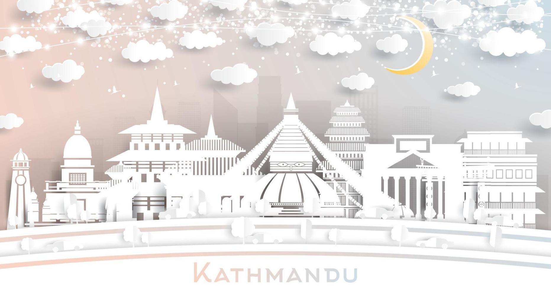 kathmandu nepal stad horisont i papper skära stil med vit byggnader, måne och neon krans. vektor