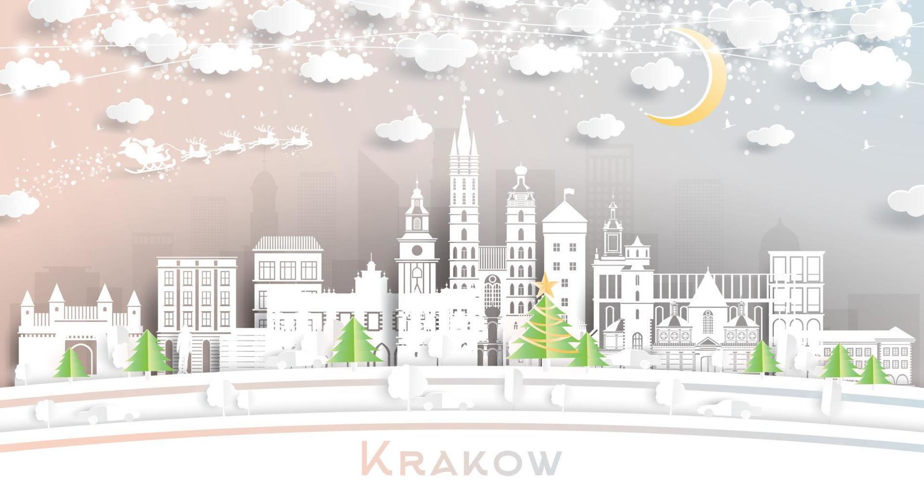 krakau polen stadtskyline im papierschnittstil mit schneeflocken, mond und neongirlande. vektor