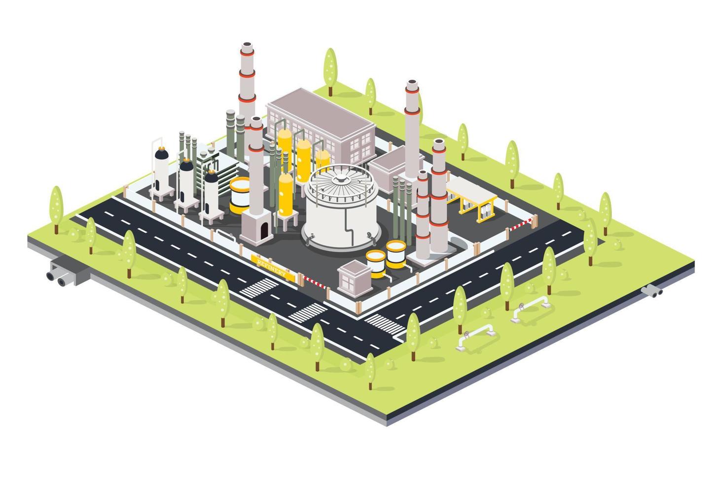isometrisk raffinaderi växt med rör. olja petroleum industriell zon med infrastruktur element. vektor