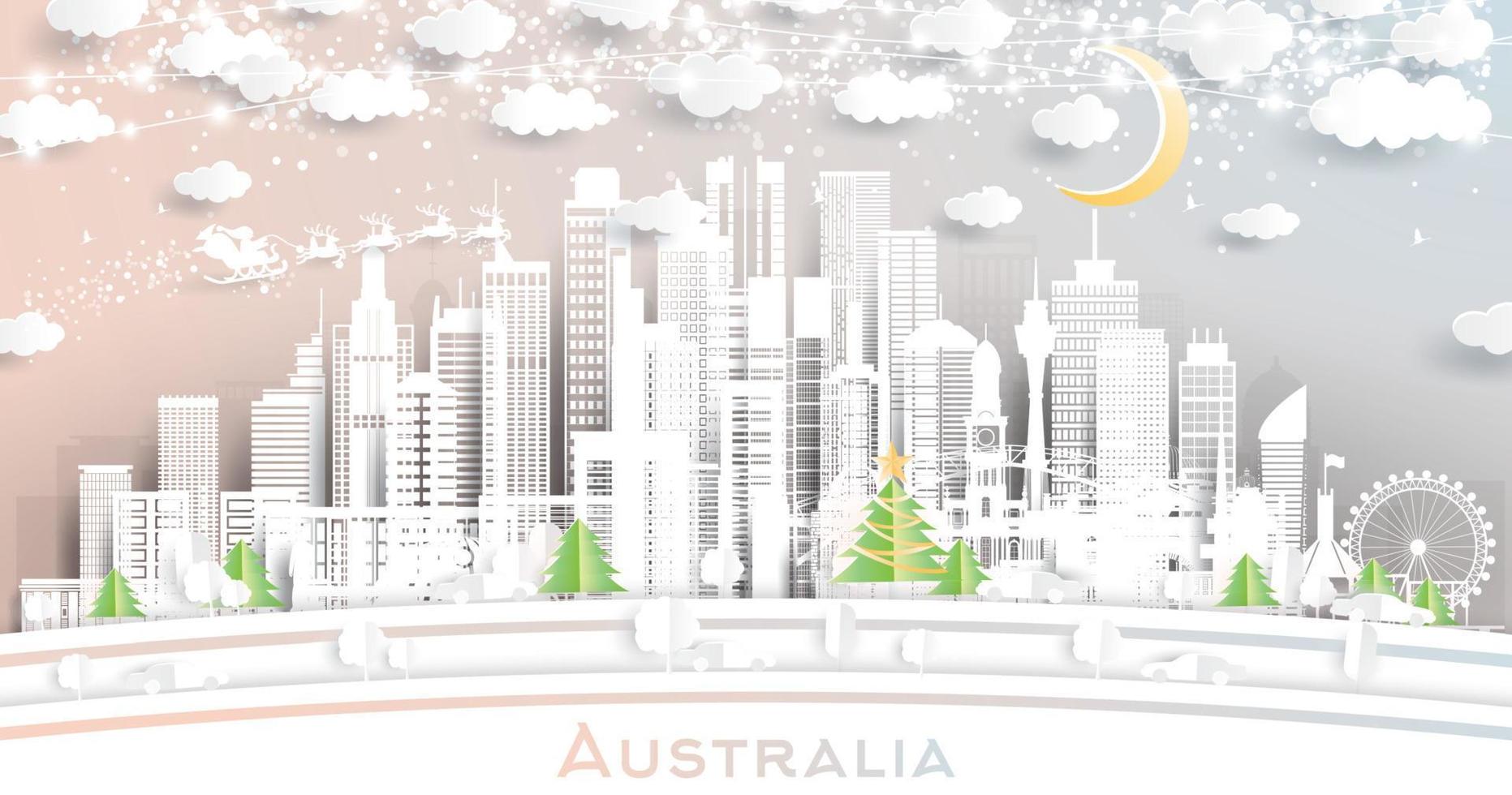 australische stadtskyline im papierschnittstil mit schneeflocken, mond und neongirlande. vektor