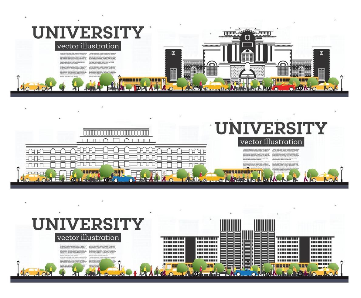 Universitätscampus-Set. studienbanner isoliert auf weiß. Studenten gehen zum Hauptgebäude der Universität. vektor