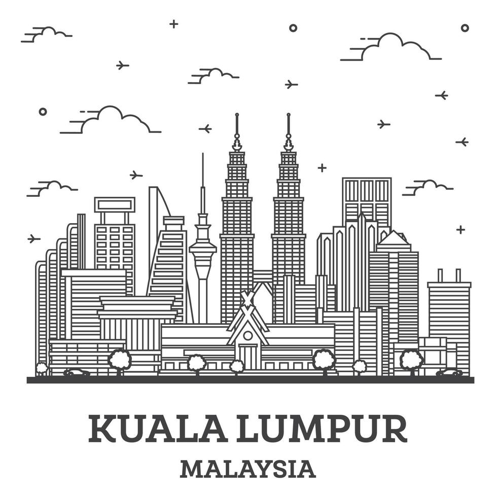 skizzieren sie die skyline von kuala lumpur malaysia mit modernen gebäuden, die auf weiß isoliert sind. vektor