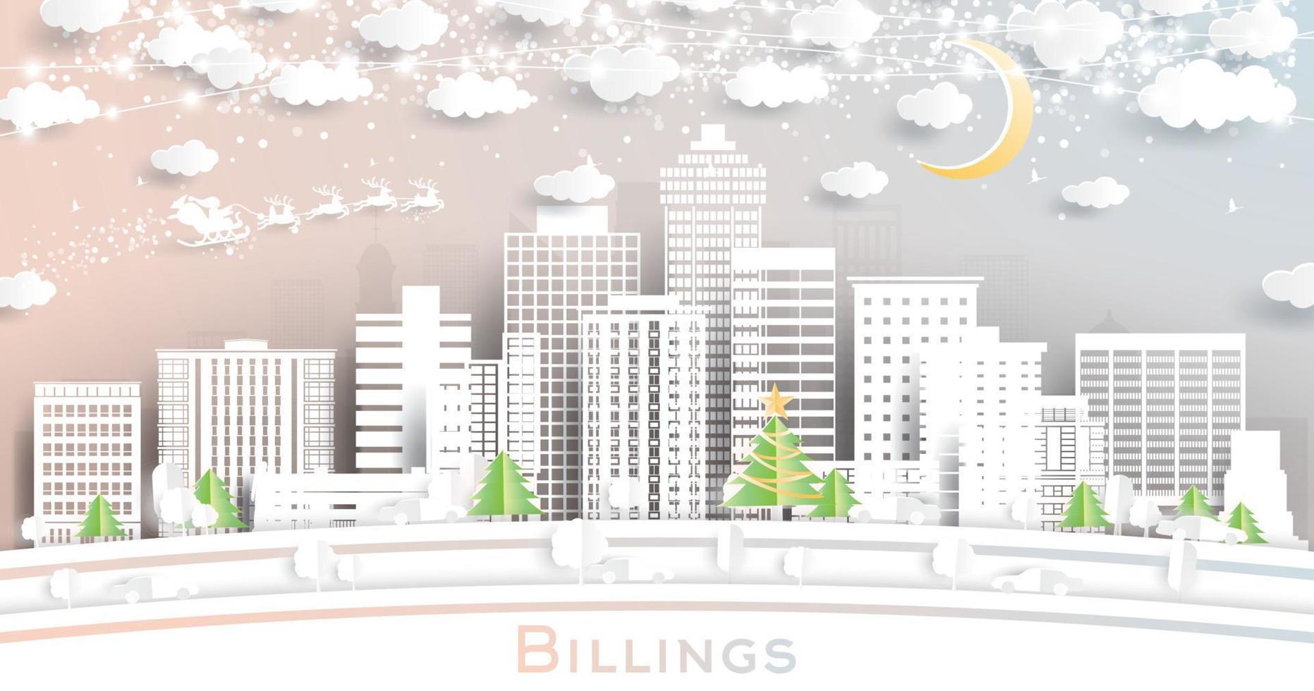 billings montana city skyline im papierschnittstil mit schneeflocken, mond und neongirlande. vektor