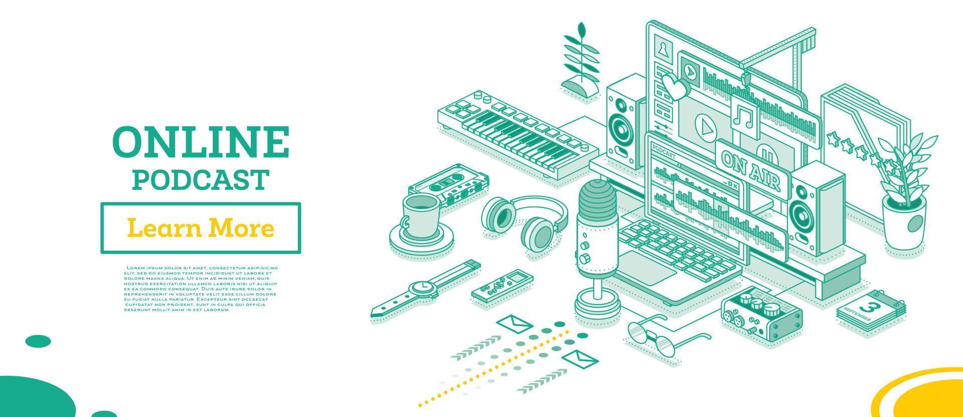 Online-Podcast oder Radiosendung. isometrisches musikkonzept. vektor