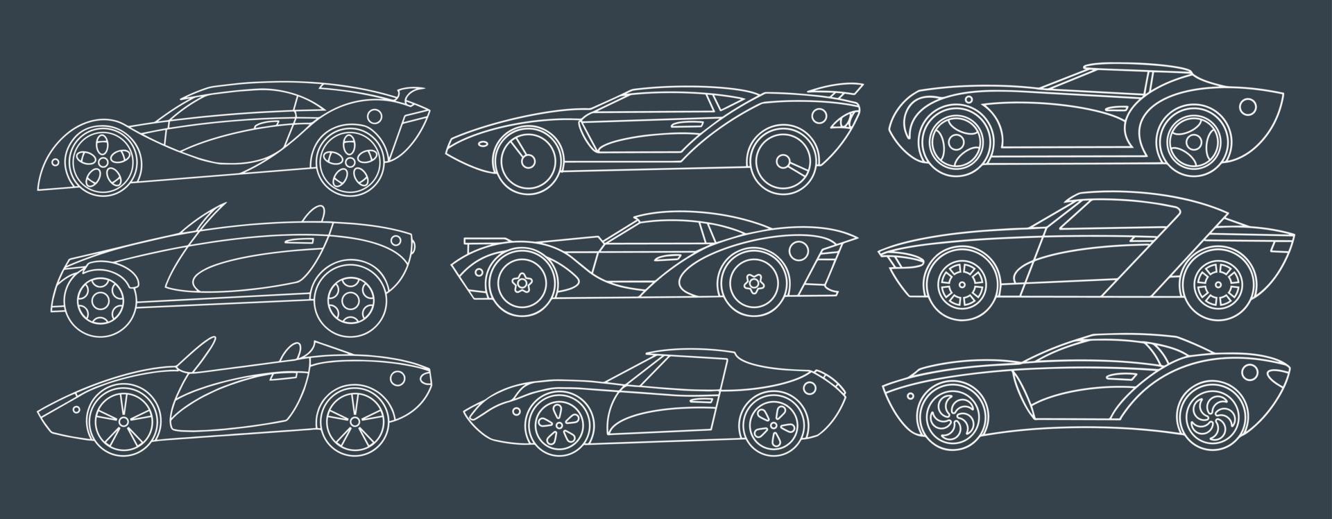 dragen linjär sporter bilar. uppsättning för utskrift. vektor illustration