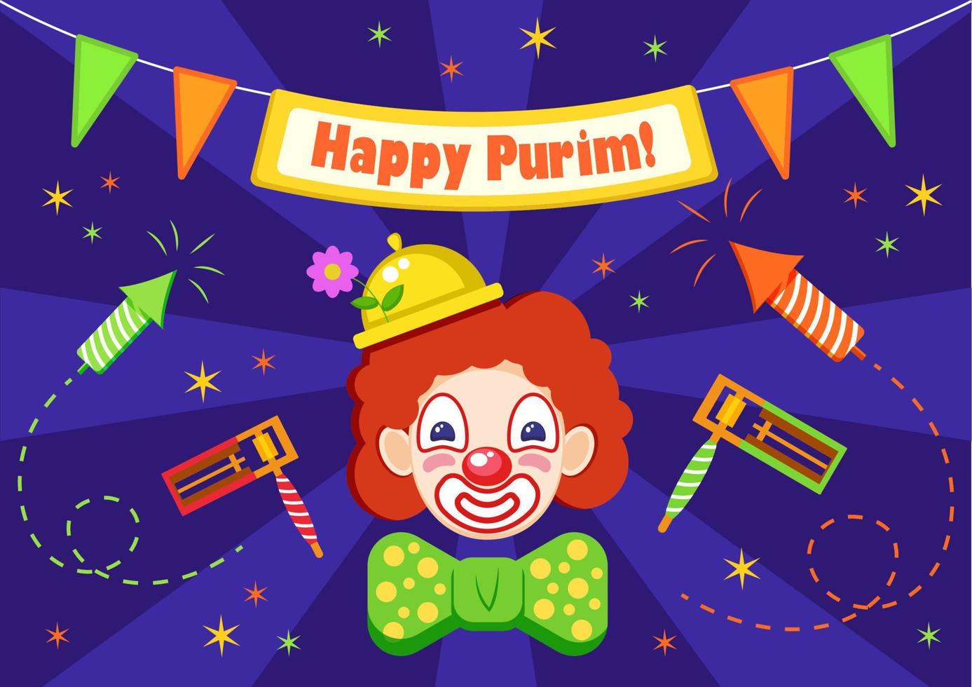 purim-feiertagsbanner mit clownkopf in hut, sitzsäcken und feuerwerk, vektoreinladung, grußkarte. vektor