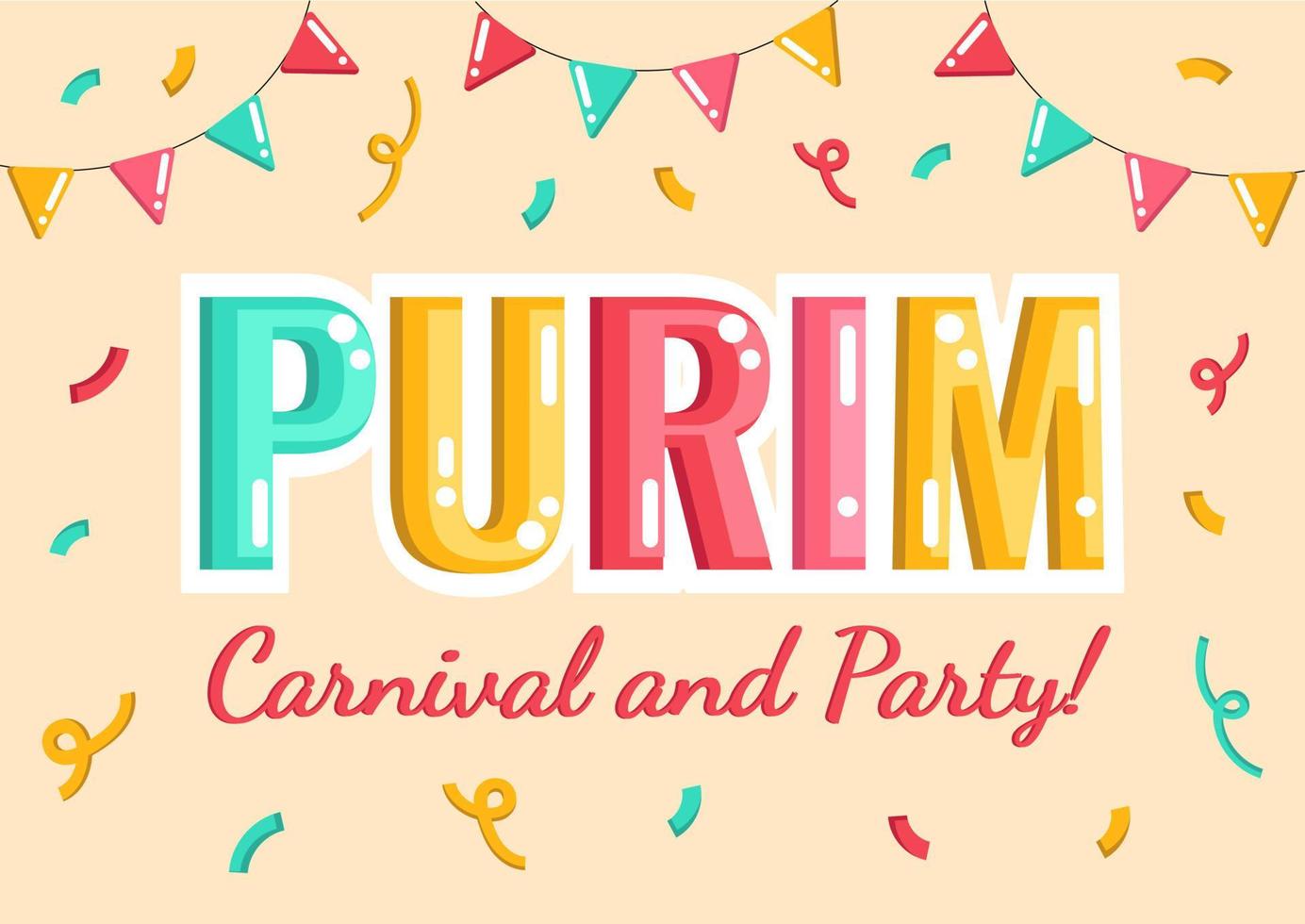 Purim-Feiertagsbanner, Poster mit Schriftzug, Grußkarte, Einladung, Vektorkarneval und Partyankündigung, Text mit Konfetti im Hintergrund. vektor