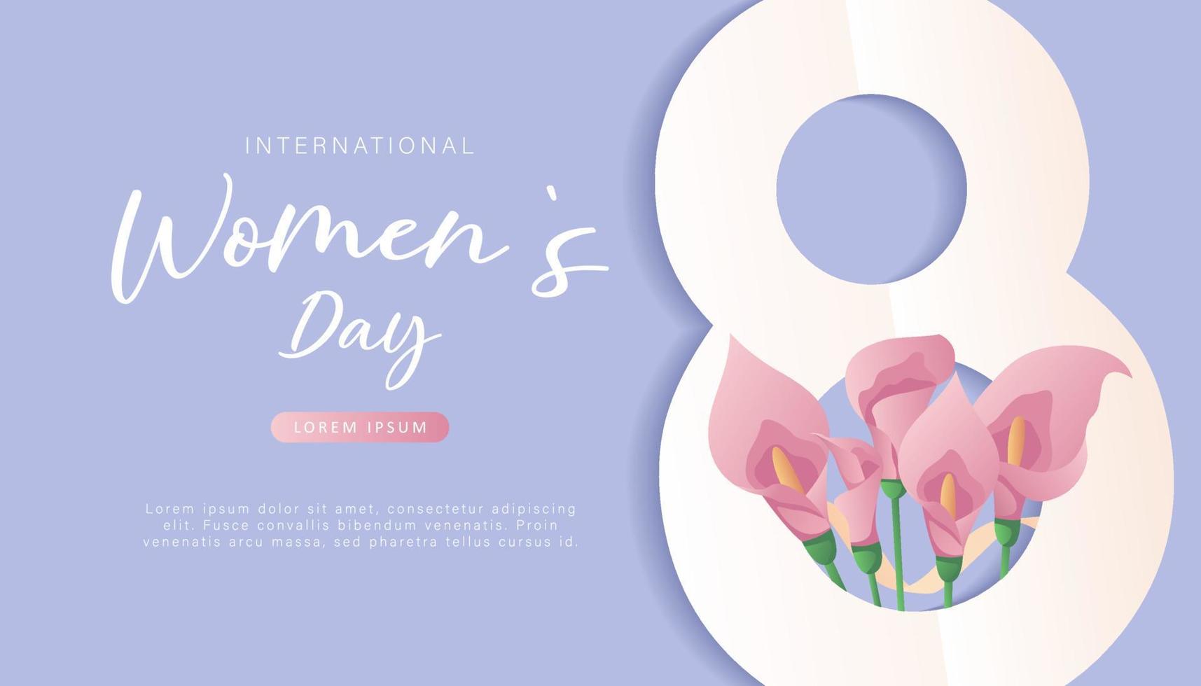 internationaler frauentag, 8. märz bannerdesign mit rosa calla-lilien, schokoladenherzen, geschenken, bändern. romantisches florales Muttertagsdesign für Grußkarten, Poster, Postkarten, Flyer. vektor