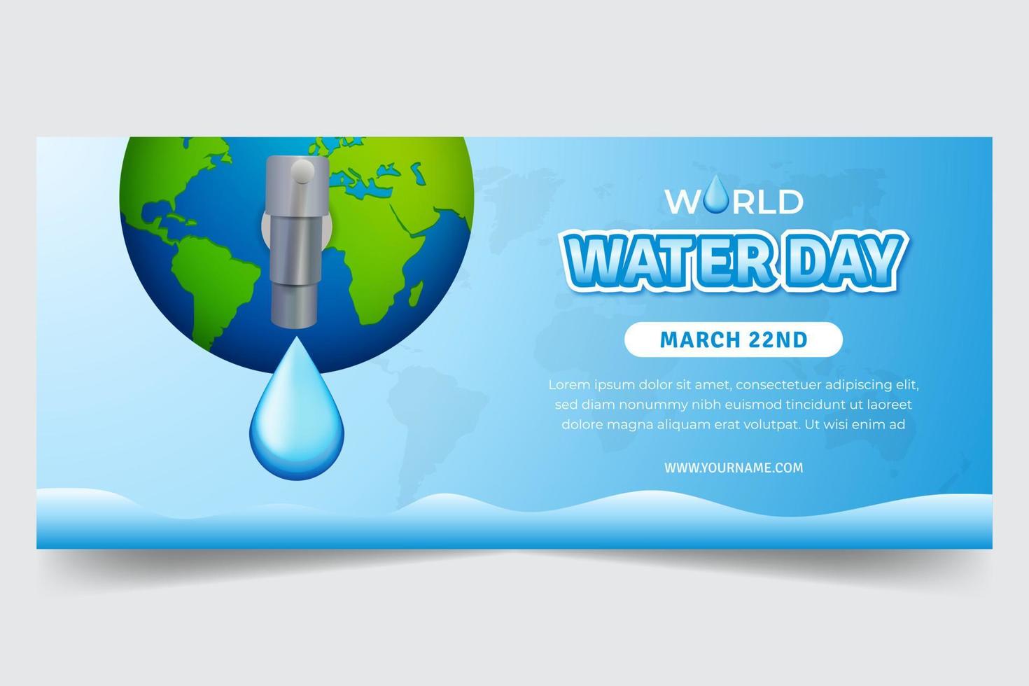 horizontaler banner des weltwassertags am 22. märz mit globus- und wasserhahnillustration vektor