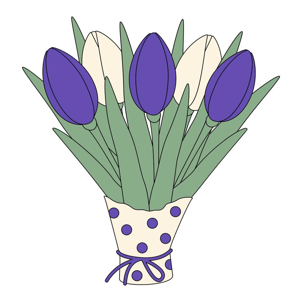 Süßer Blumenstrauß aus bunten Frühlingstulpen in Geschenkpapier in trendigen hellen Farbtönen im minimalistischen Stil vektor