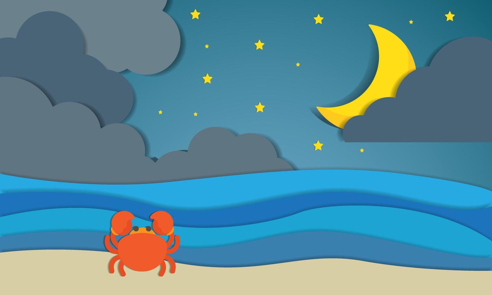Hej natt sommar med strand landskap bakgrund och krabba. papper konst stil. vektor illustration.