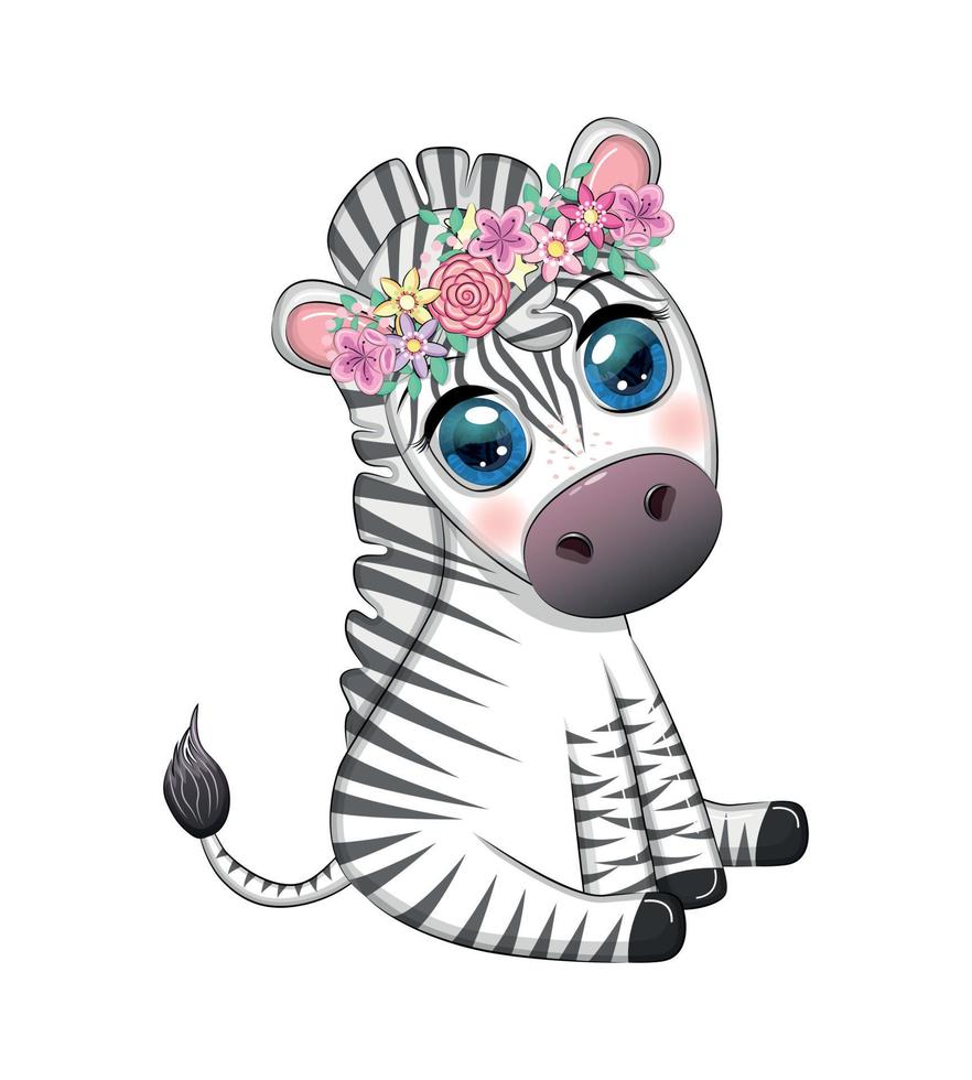 gestreiftes Zebra in einem Blumenkranz, mit einem Blumenstrauß. der Frühling kommt vektor