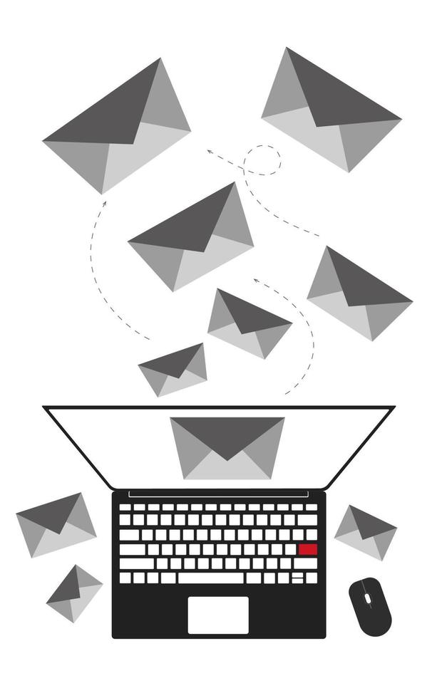 illustration av sändning e-postmeddelanden. nyhetsbrev. sändning en meddelande från en anteckningsbok. brev är spridd från de bärbar dator. vektor