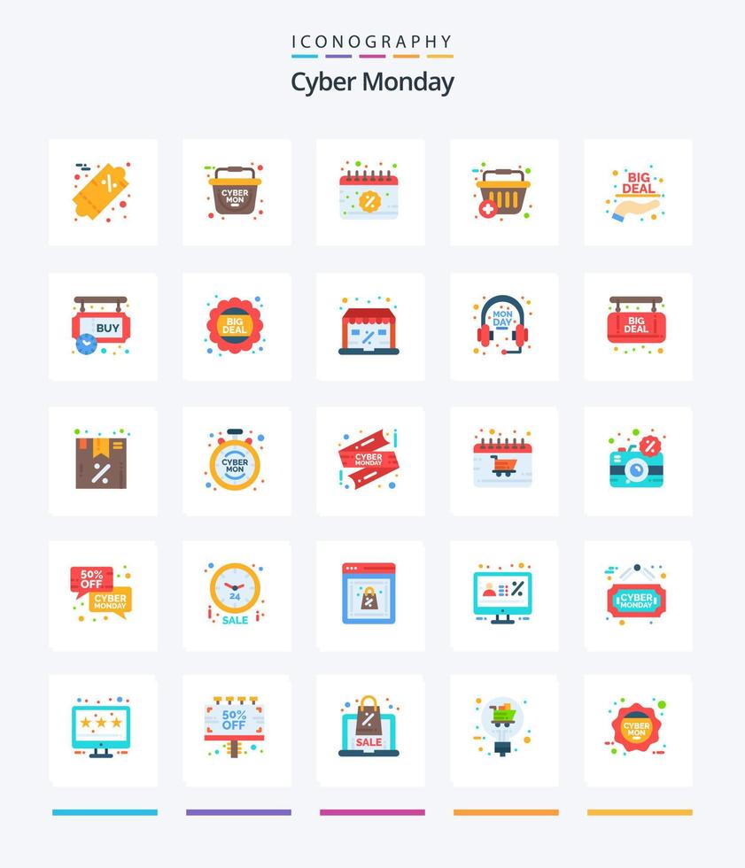 kreatives cyber montag 25 flaches symbolpaket wie hand. große Sache. Datum. Einkaufskorb. Plus vektor