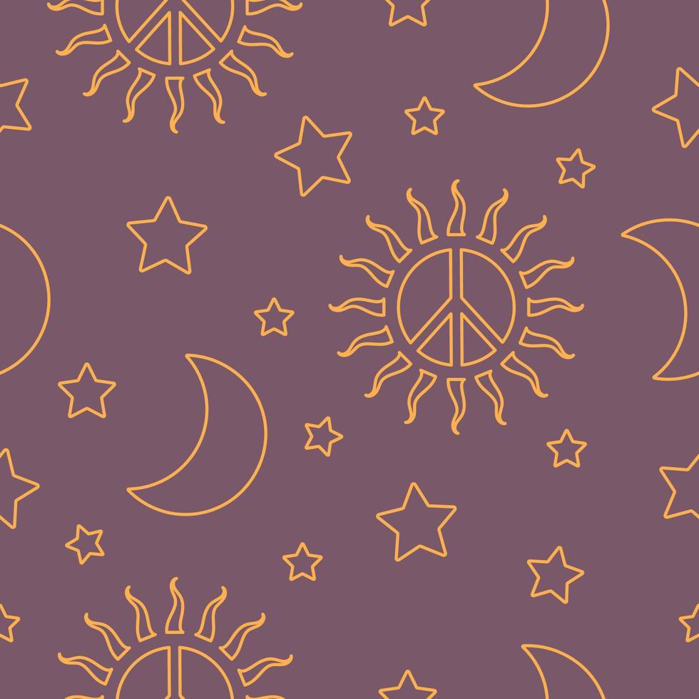 Nahtloses Muster im Hippie-Stil mit orangefarbenem, sonnigem Friedenszeichen, Mond und Sternen und Herzen auf violettem Hintergrund. Retro-Stil. vektor