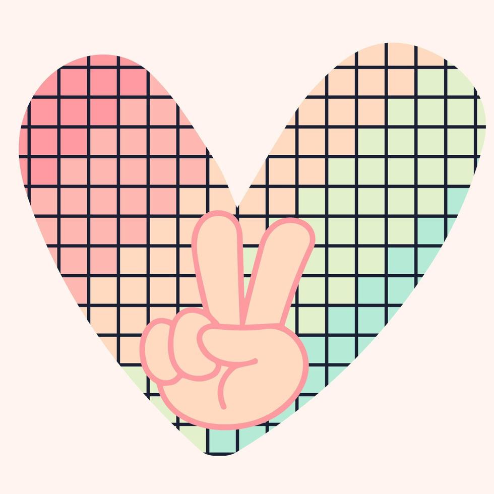 ikon, klistermärke i hippie stil med hjärta med lutning kvadrater och seger tecken vektor