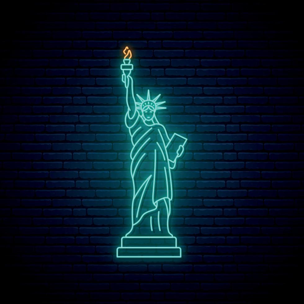 neon-freiheitsstatue, berühmtes wahrzeichen von new york. leuchtende freiheitsstatue symbol auf backsteinmauer hintergrund. helles Lichtschild. vektor