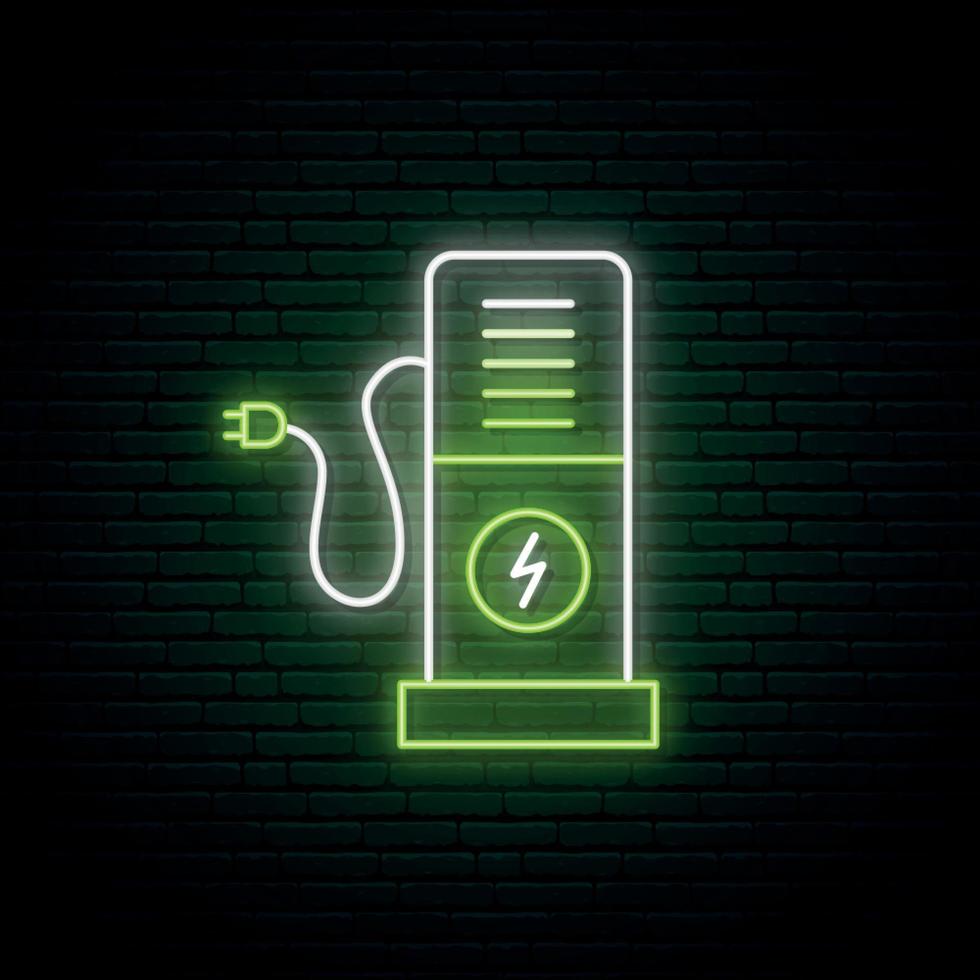 Grüne Leuchtreklame für die Ladestation. helles emblem der elektroauto-ladestation im neonstil. vektor