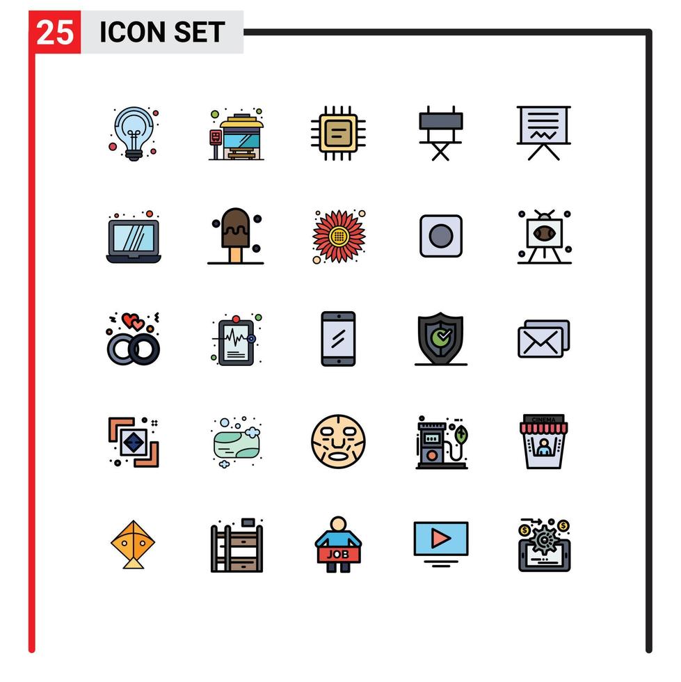 gefüllte Linie flache Farbpackung mit 25 universellen Symbolen für Bildungstafel Mikrochip Tafelfolie editierbare Vektordesign-Elemente vektor