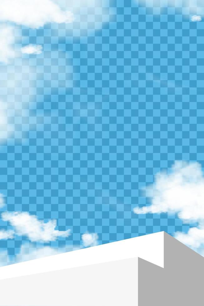 Außenwand, 3D-Podiumsstufe auf transparentem Hintergrund des blauen Himmels, vertikales Vektorbanner mit Treppe auf weichen, flauschigen Wolken und Himmel im Frühling, Sommer für mobilen Bildschirmhintergrund vektor