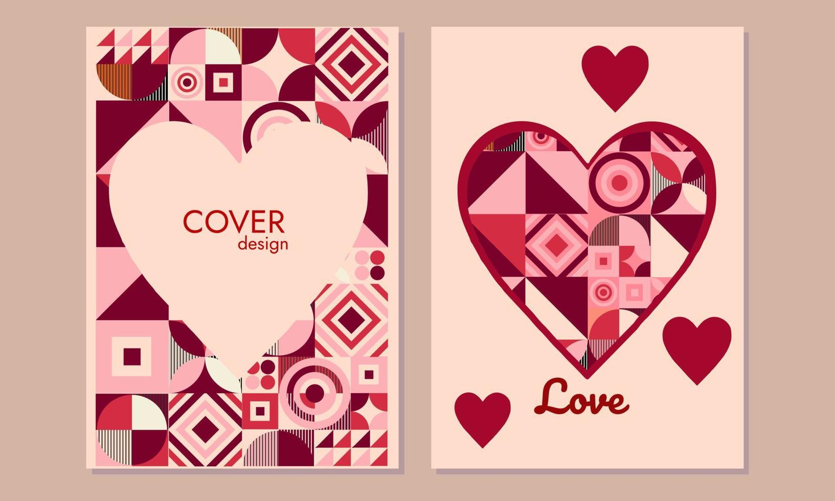 happy valentine's day satz aus einfachen karten, cover oder hintergründen mit herzrahmen und muster im abstrakten geometrischen stil für grüße, verpackung, dekor, druck, web, verkauf vektor