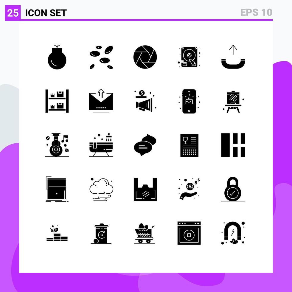 25 universelle solide Glyphen für Web- und mobile Anwendungen. Telefonanruföffnung Festplatte editierbare Vektordesign-Elemente vektor
