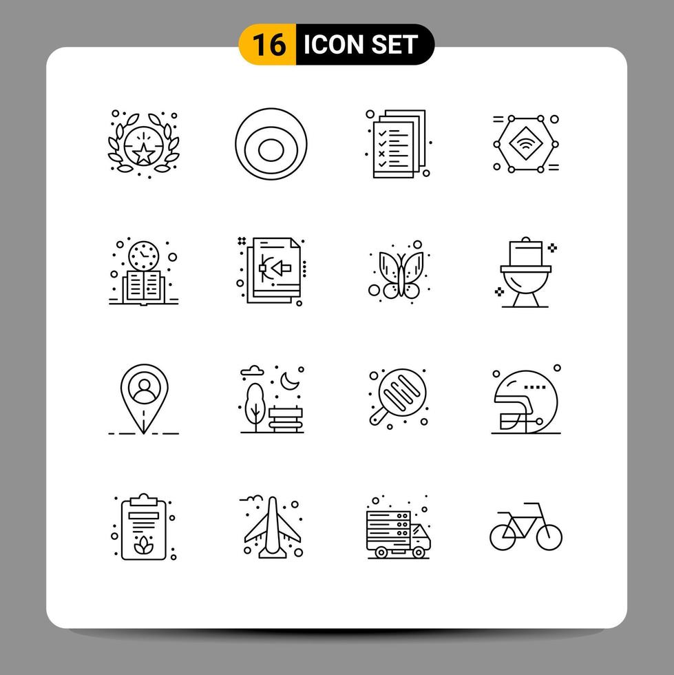 16 Benutzeroberflächen-Umrisspaket mit modernen Zeichen und Symbolen von Uhr-WLAN-Dokument-Smart-Kamera-Iot-editierbaren Vektordesign-Elementen vektor