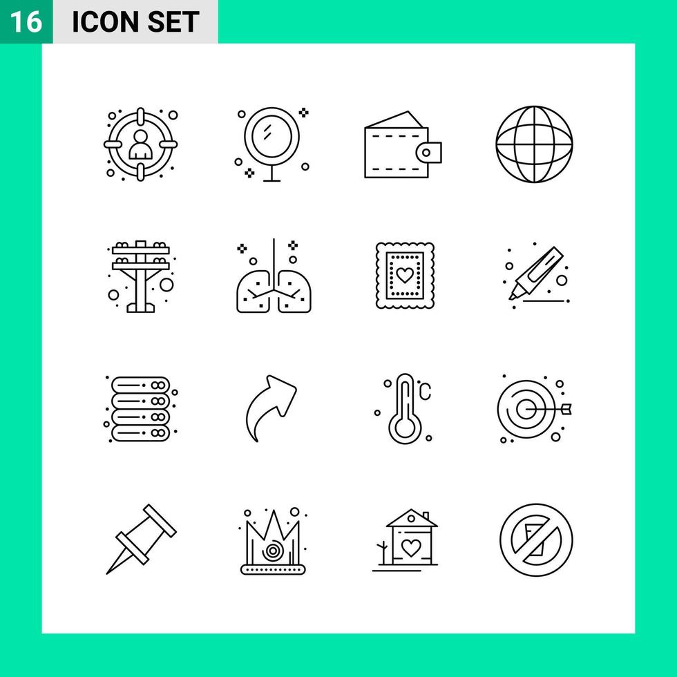 Packung mit 16 Linienstil-Icon-Set Gliederungssymbolen für den Druck kreative Schilder isoliert auf weißem Hintergrund 16 Icon-Set kreative schwarzer Icon-Vektor-Hintergrund vektor