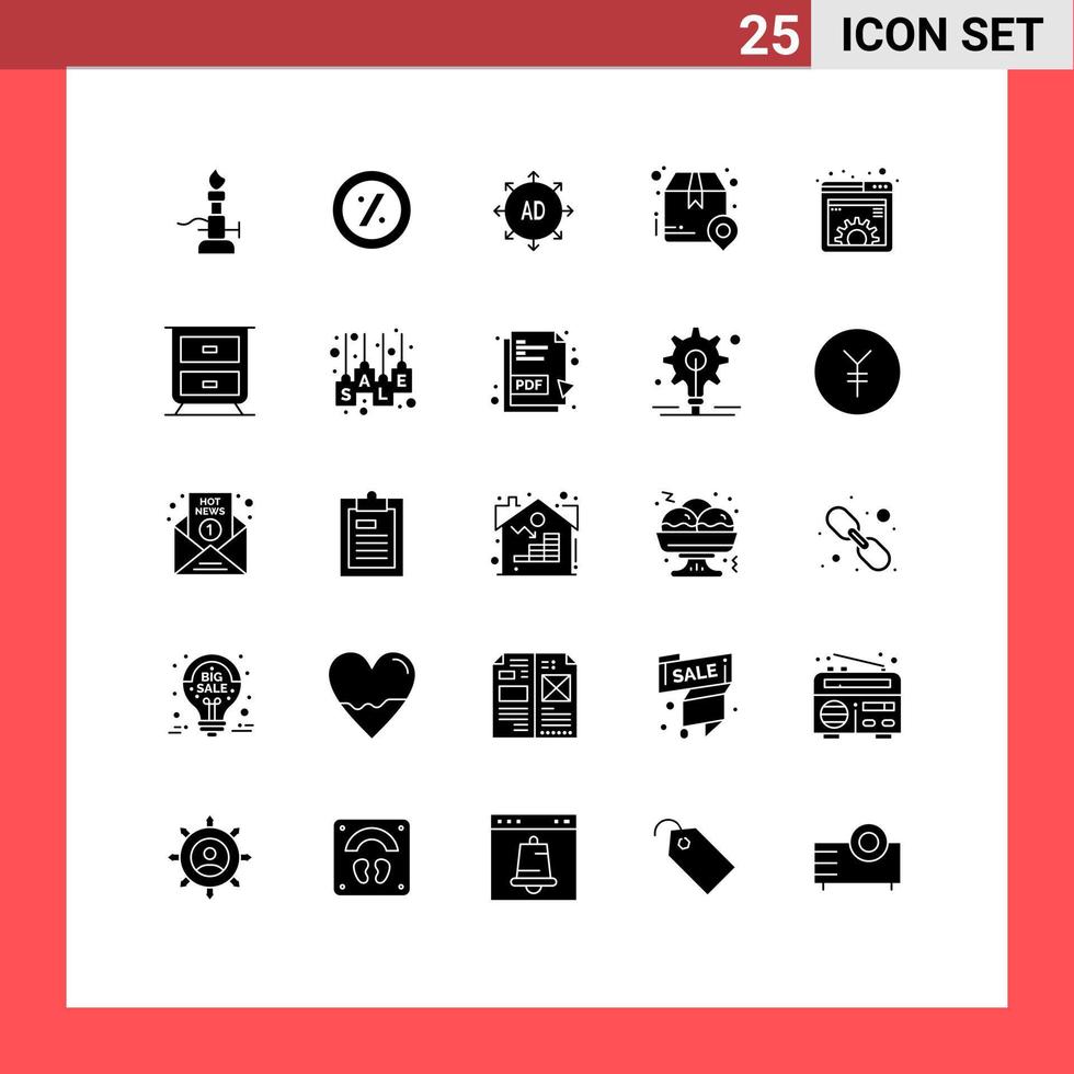 Satz von 25 Vektor-Solid-Glyphen auf dem Gitter für Inhalte platzieren Werbepaket Box editierbare Vektordesign-Elemente vektor
