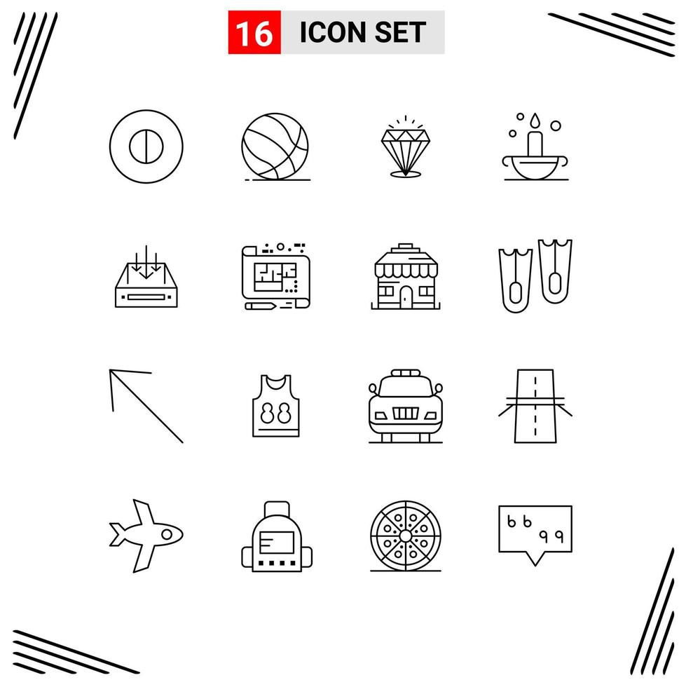 Stock Vector Icon Pack mit 16 Zeilenzeichen und Symbolen für Mail Lamp Diamond Islam Aladdin editierbare Vektordesign-Elemente