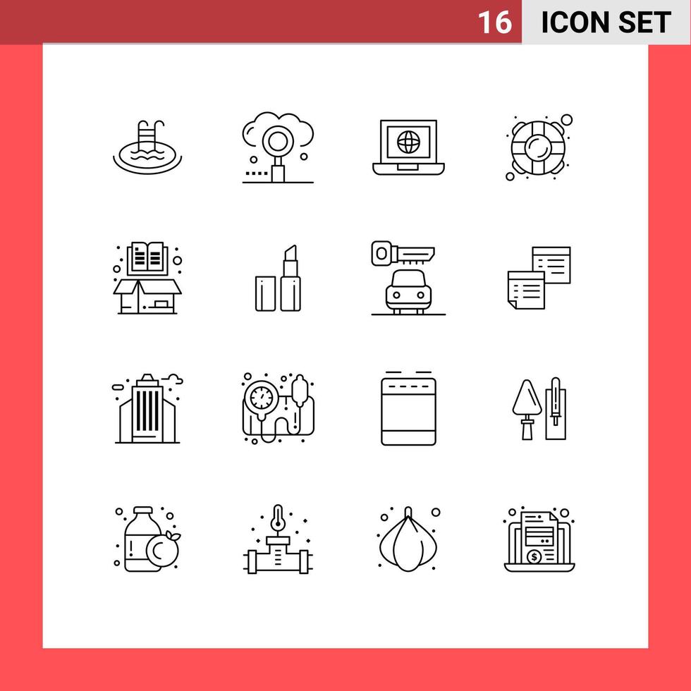 Piktogrammsatz mit 16 einfachen Umrissen von Buchschoner-Suchleben-Internet-editierbaren Vektordesignelementen vektor
