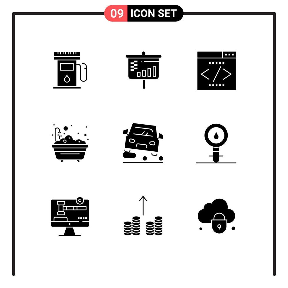 mobile Schnittstelle solider Glyph-Satz von 9 Piktogrammen des Verkehrs, der die Schnittstelle Badezimmer Badewanne überholt, editierbare Vektordesign-Elemente vektor