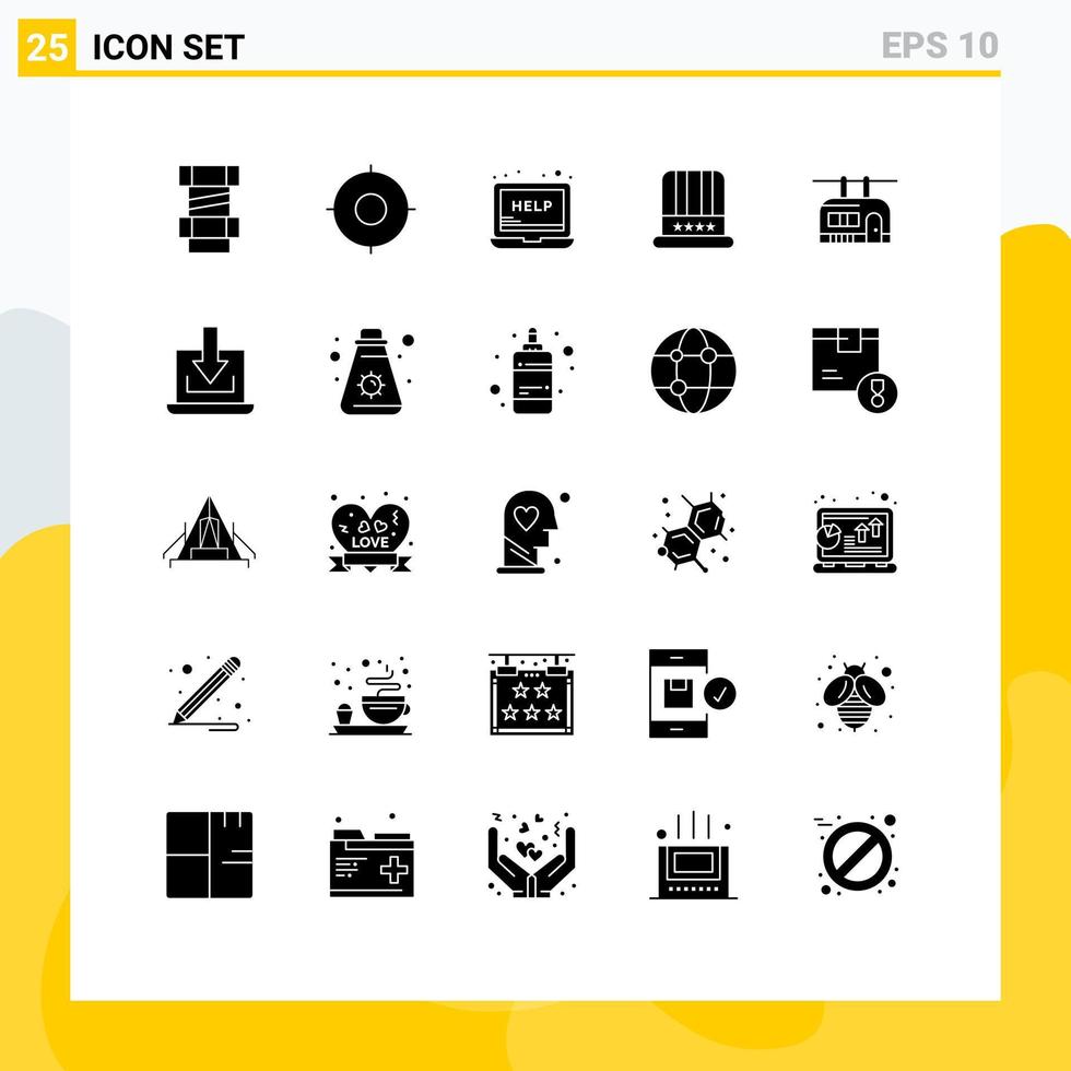 25 solides Glyphenkonzept für mobile Websites und Apps Straßenbahn usa helfen amerikanischen Hut editierbare Vektordesign-Elemente vektor