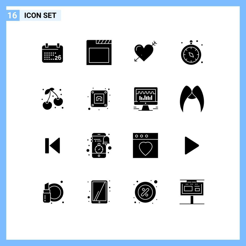 grupp av 16 fast glyfer tecken och symboler för körsbär resa pil navigering kompass redigerbar vektor design element