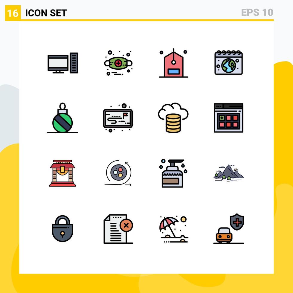 16 universelle, flache, farbgefüllte Linien für Web- und mobile Anwendungen. Kugelkalender-Check-Globus und editierbare kreative Vektordesign-Elemente vektor