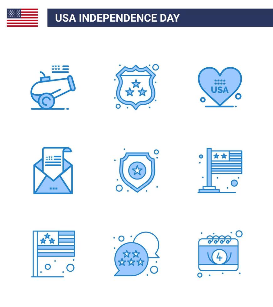 stor packa av 9 USA Lycklig oberoende dag USA vektor blues och redigerbar symboler av skydda inbjudan hjärta hälsning e-post redigerbar USA dag vektor design element