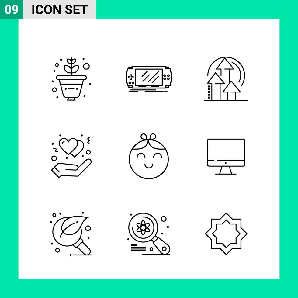 Packung mit 9 Linienstil-Icon-Set Umrisssymbolen für den Druck kreative Schilder isoliert auf weißem Hintergrund 9-Icon-Set kreativer schwarzer Icon-Vektor-Hintergrund vektor