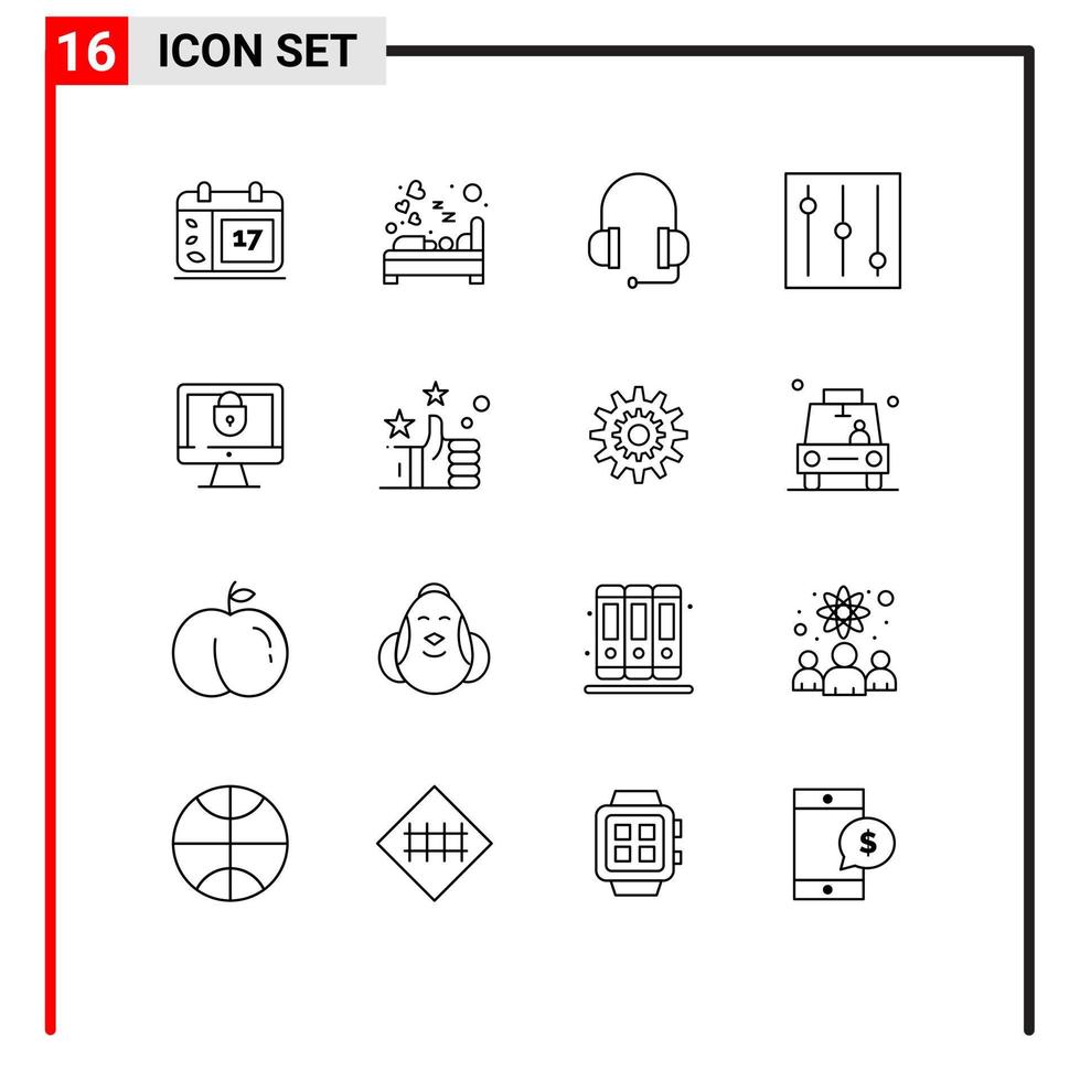 Stock Vector Icon Pack mit 16 Zeilenzeichen und Symbolen für Favoriten sperren Schlaf Internet-Tools editierbare Vektordesign-Elemente