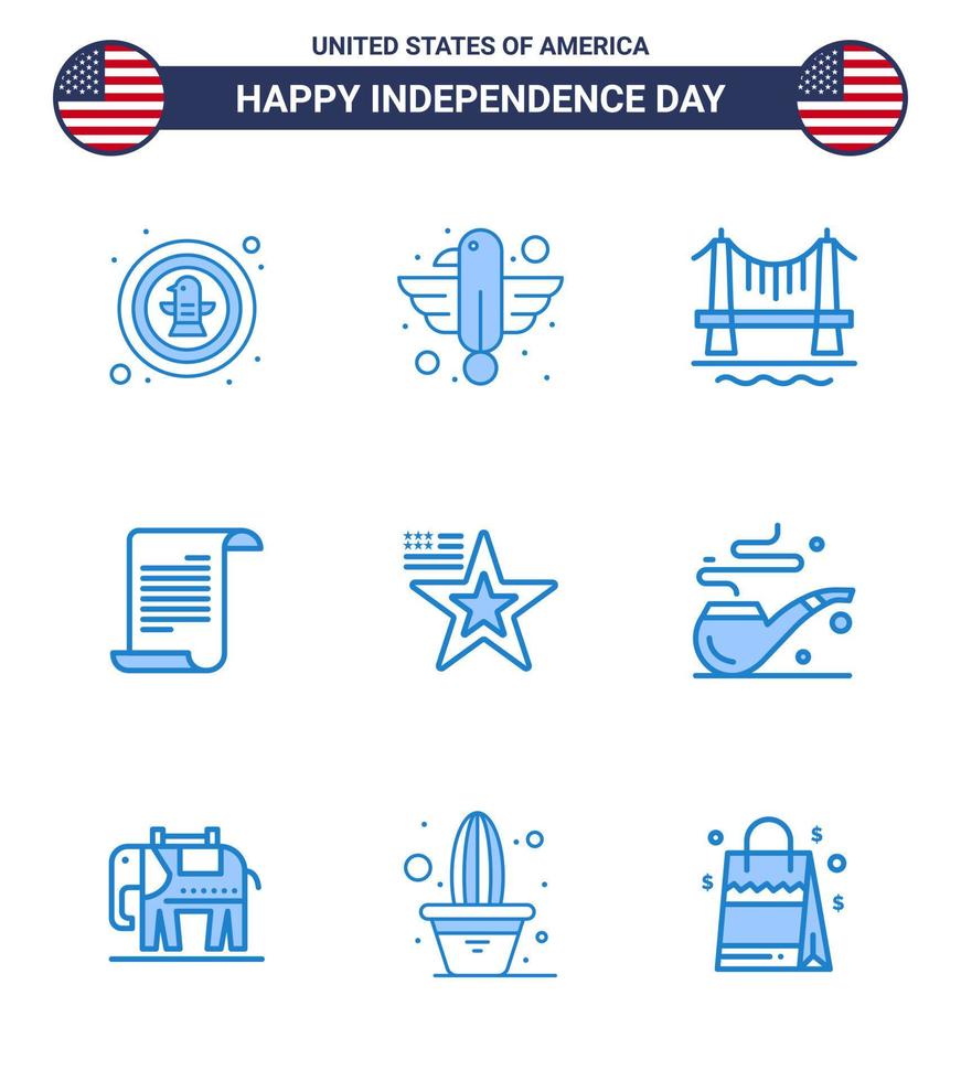 Happy Independence Day Pack mit 9 Blues-Zeichen und Symbolen für die USA-Text-Adler-Datei Stadt editierbare USA-Tag-Vektordesign-Elemente vektor