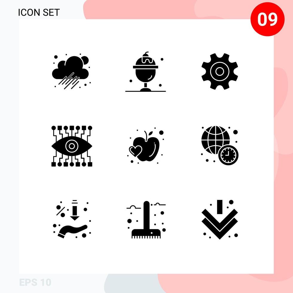 Gruppe von 9 modernen soliden Glyphen, die für editierbare Vektordesign-Elemente für Lebensmittel, Obst, Ausrüstung, Apple Watch festgelegt wurden vektor