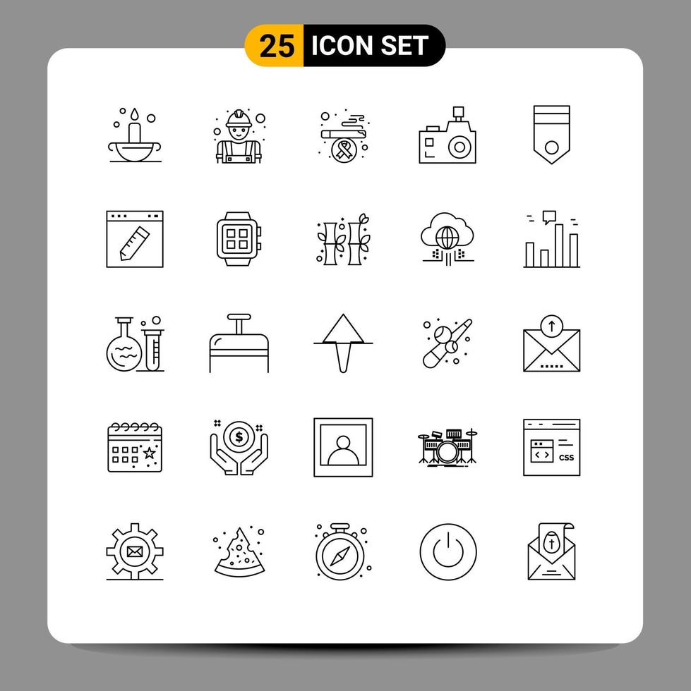 Satz von 25 kommerziellen Zeilen Pack für Abzeichen Fotografie Zigarettenfotograf Blitzkamera editierbare Vektordesign-Elemente vektor