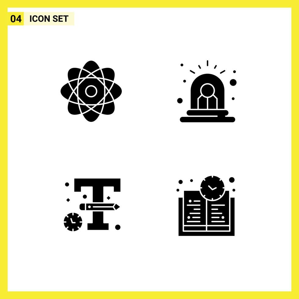 4 universelle solide Glyphenzeichen Symbole der Atomskizze Alarm Sirene Buchzeit editierbare Vektordesign-Elemente vektor