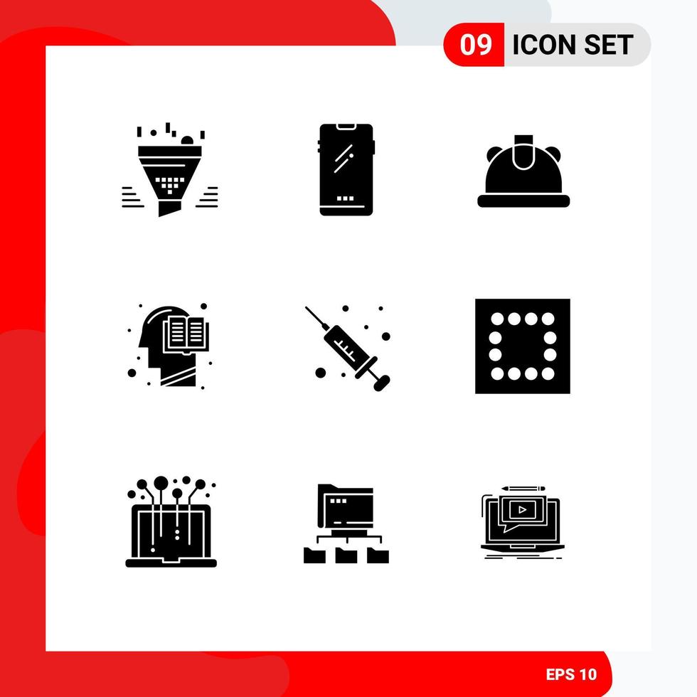 modern uppsättning av 9 fast glyfer pictograph av sinne huvud android utbildning hjälm redigerbar vektor design element