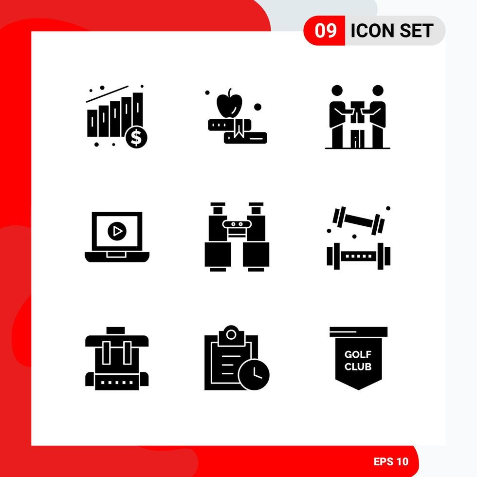 Stock Vector Icon Pack mit 9 Zeilenzeichen und Symbolen zum Erkunden, Finden von Partnern, Fernglas, Computer editierbare Vektordesign-Elemente